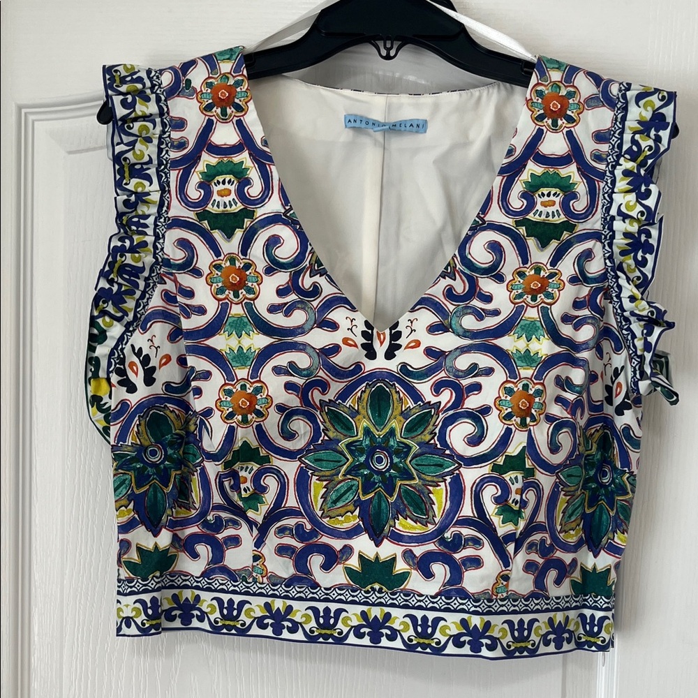 ANTONIO MELANI White Floral-Print V-Neck Ruffle Crop Top